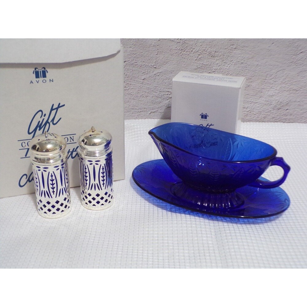 Avon De Cadeaux Royal Sapphire Gravy Boat, Under Plate, Salt & Pepper NIB